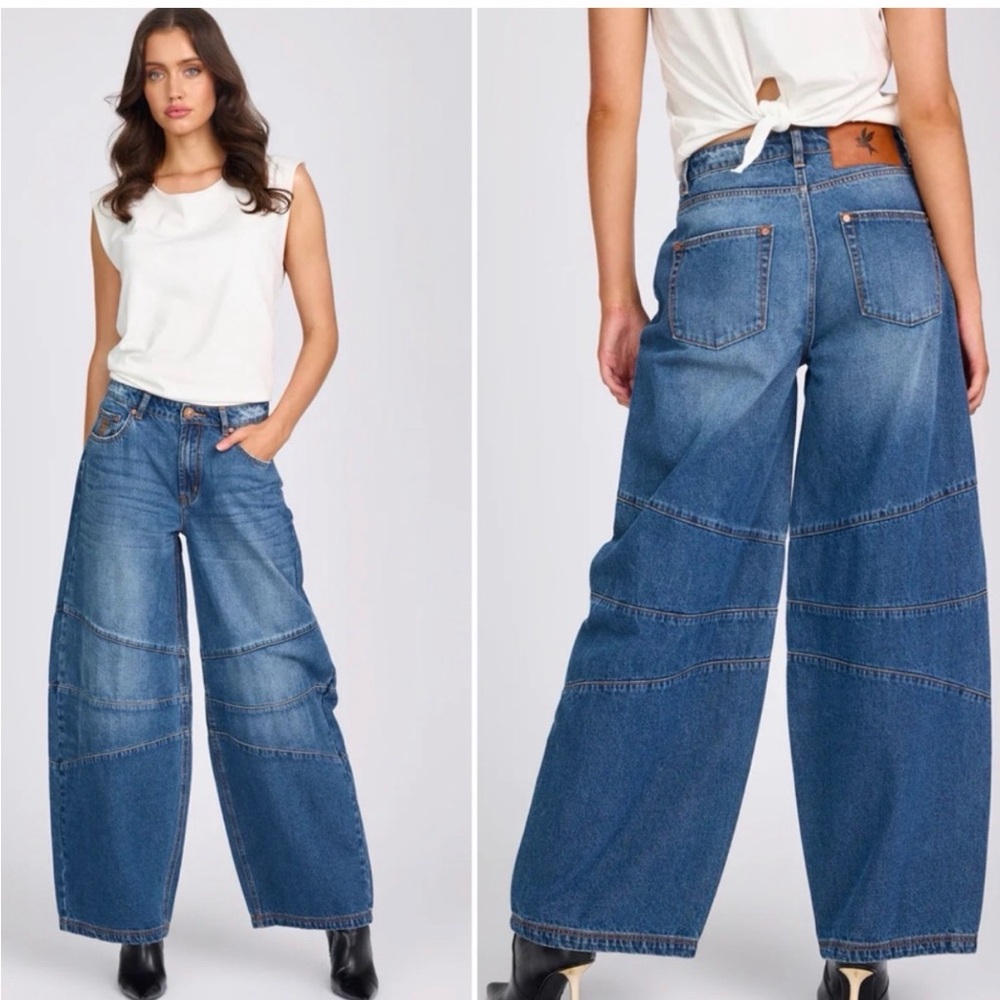 NWT Free People x One Teaspoon Barrel Leg Seamed Jeans in Deep Pacifica Jeans